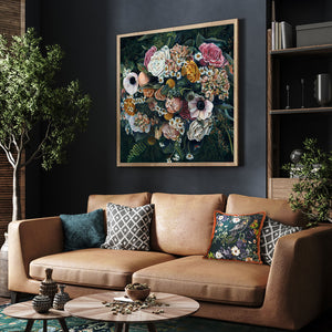 dark floral wall art print ladybug bouquet over sofa