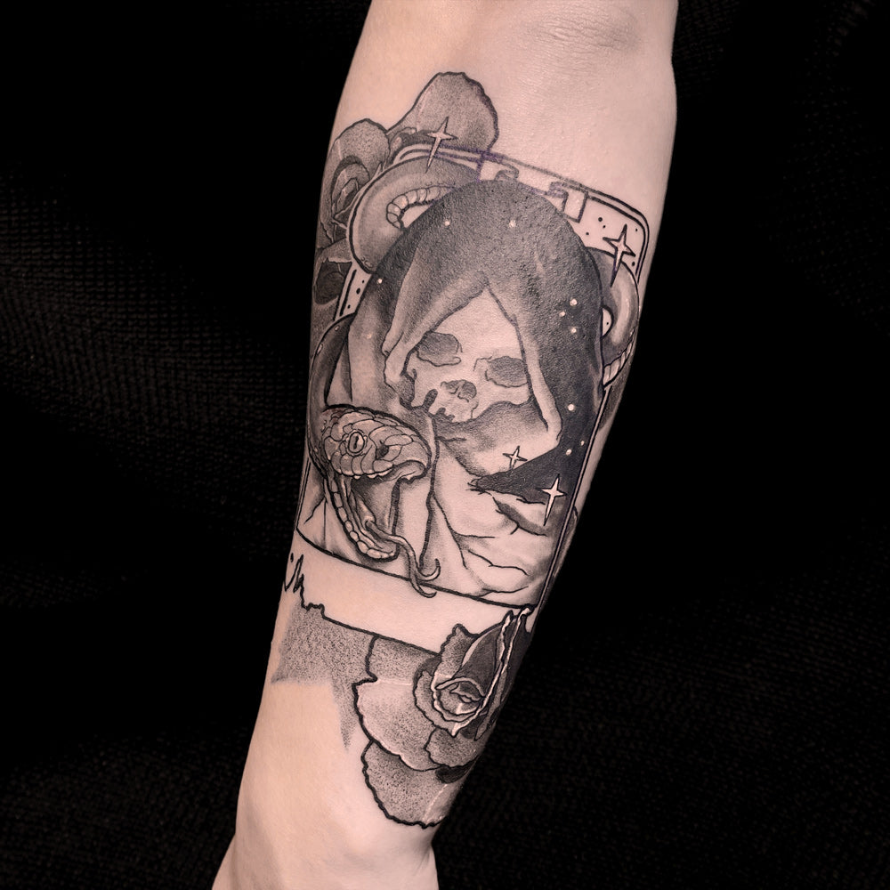 skull death tarot card tattoo by Cass