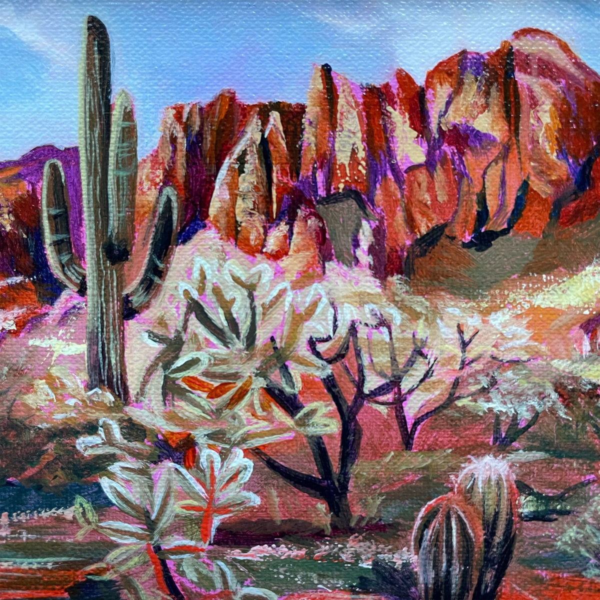 &#39;Genesis&#39; small colorful desert landscape painting with cactus and Superstition mountains 