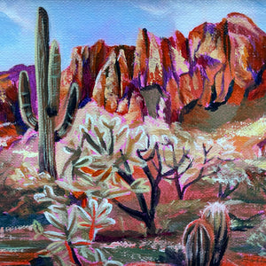 'Genesis' small colorful desert landscape painting with cactus and Superstition mountains 