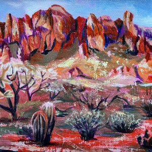 'Genesis' small colorful desert landscape painting with cactus and Superstition mountains 