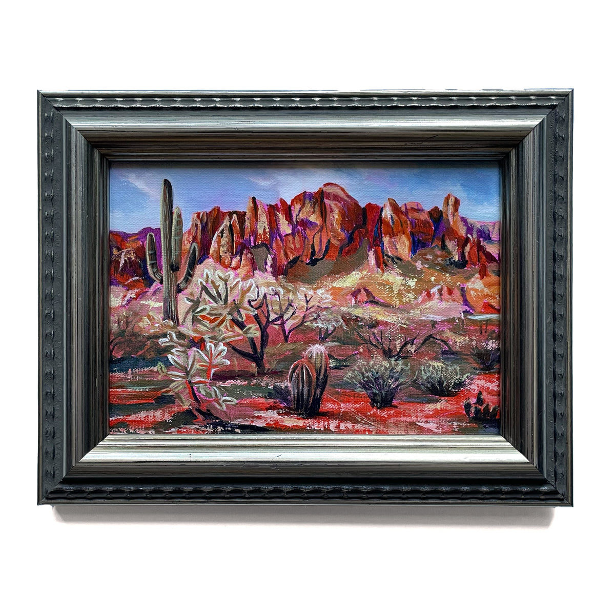 &#39;Genesis&#39; small desert landscape painting with cactus and Superstition mountains in silver frame
