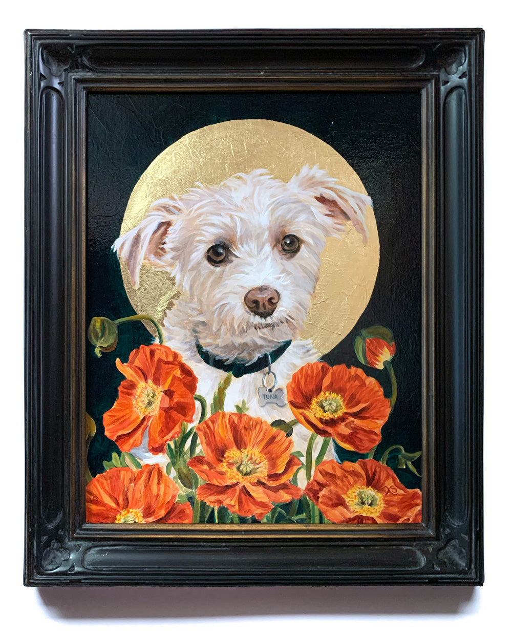 dog portrait painting with poppies