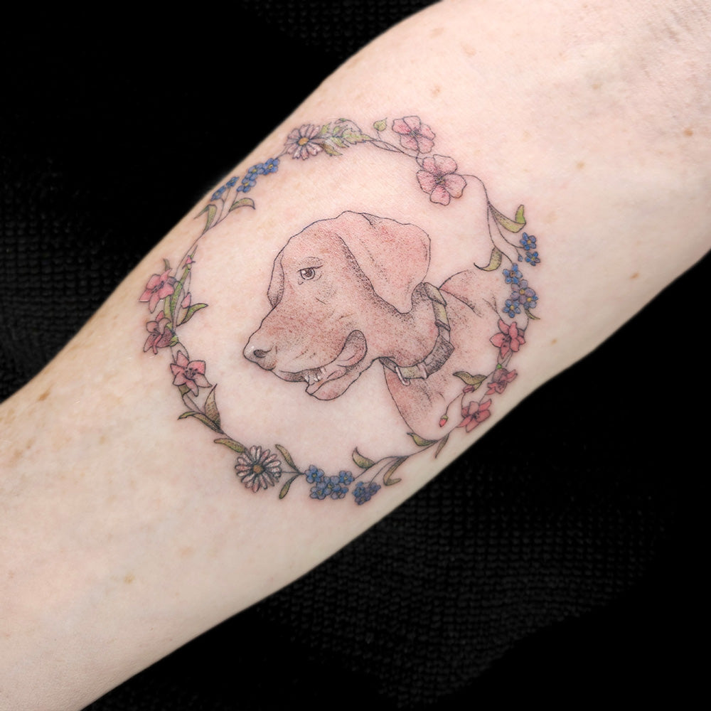 dog portrait fine line tattoo by Lydia Pitts