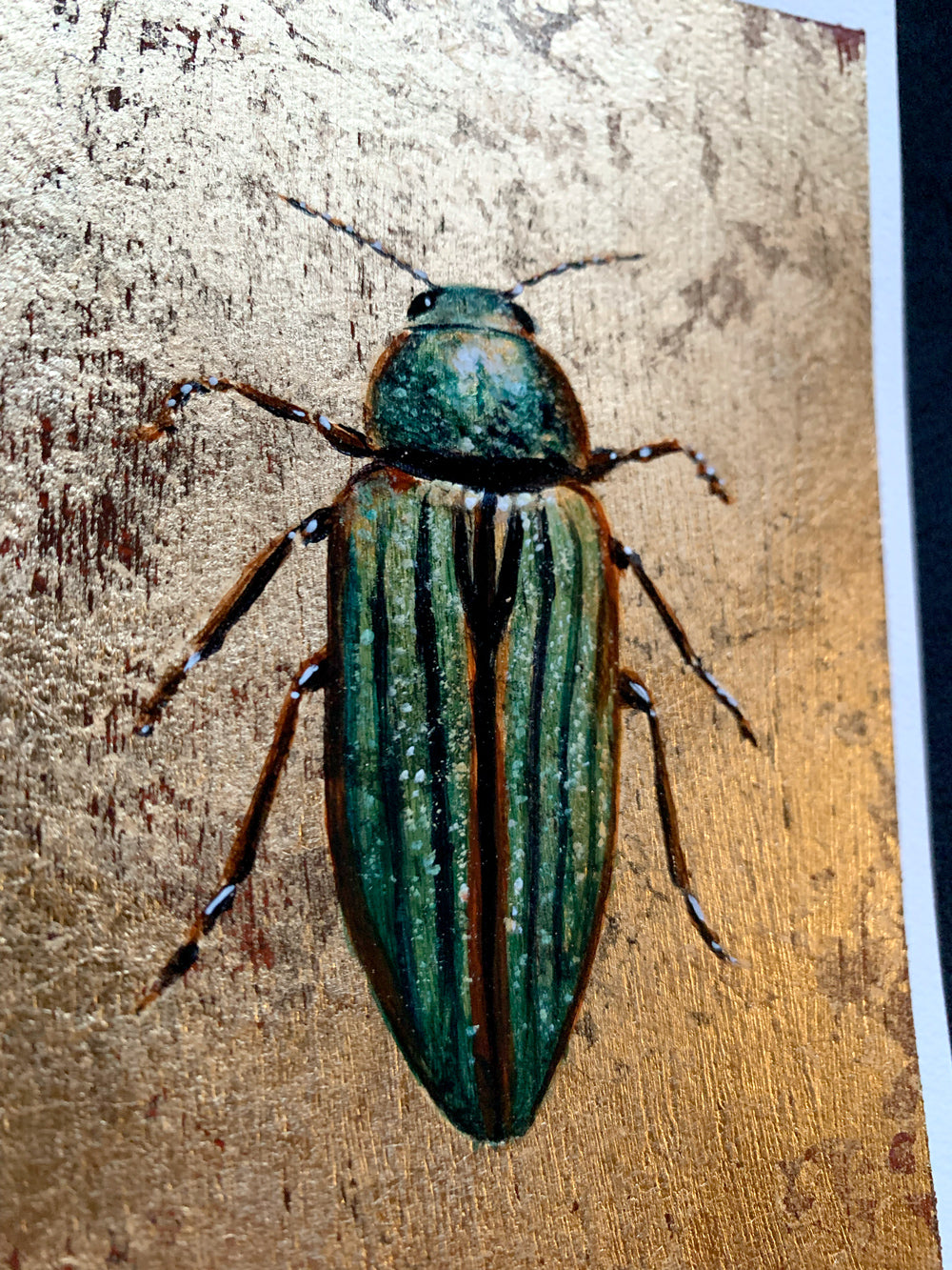 green golden jewel beetle | small gold leaf painting