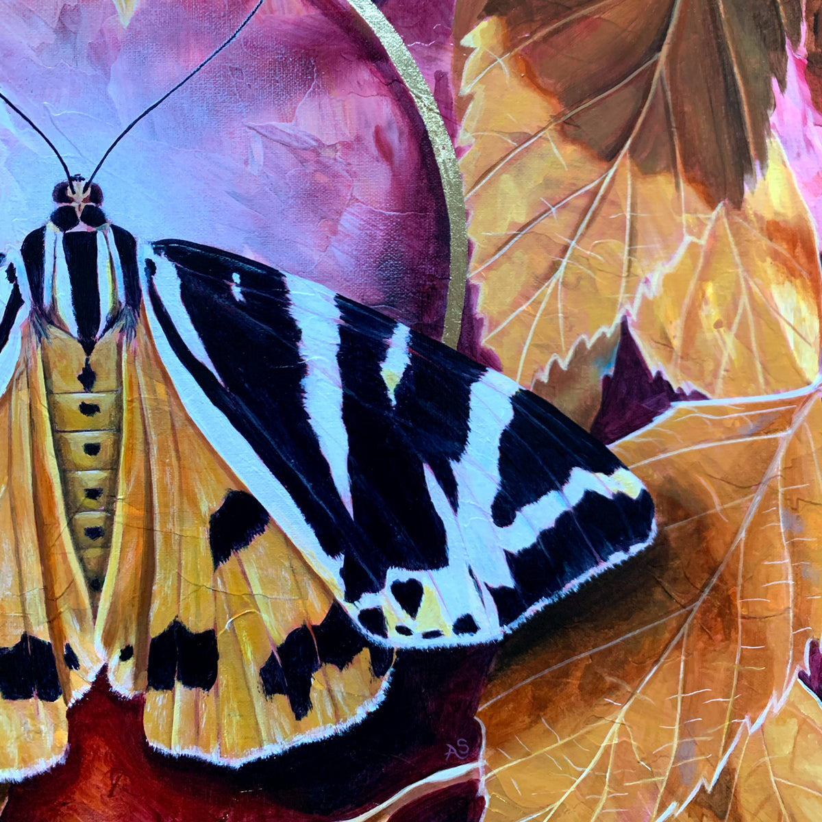 &#39;Effulgence&#39; Jersey tiger moth painting with yellow birch leaves detail