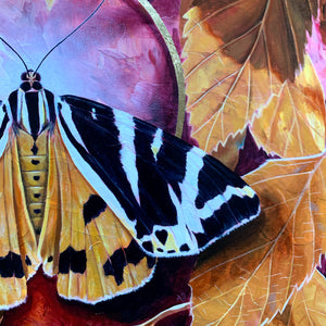 'Effulgence' Jersey tiger moth painting with yellow birch leaves detail