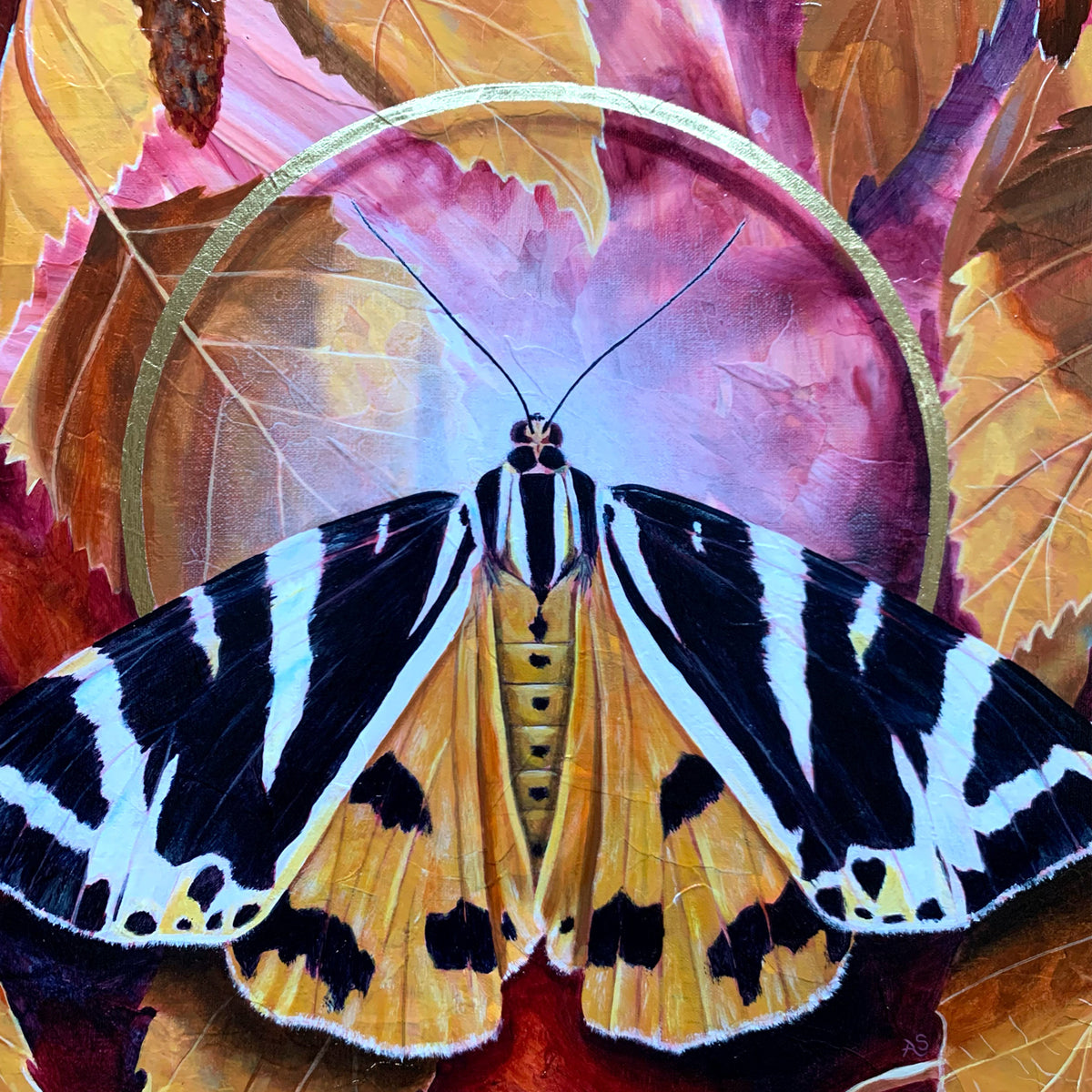 &#39;Effulgence&#39; Jersey tiger moth painting with yellow birch leaves gold leaf detail