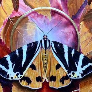 'Effulgence' Jersey tiger moth painting with yellow birch leaves gold leaf detail