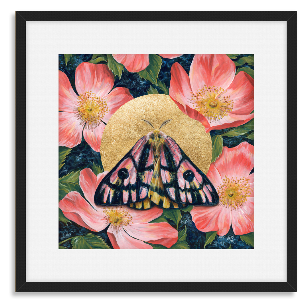 Elegant Sheep Moth Art Print | moth & wild rose artwork - The