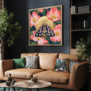 elegant sheepmoth wild rose art print large frame over sofa