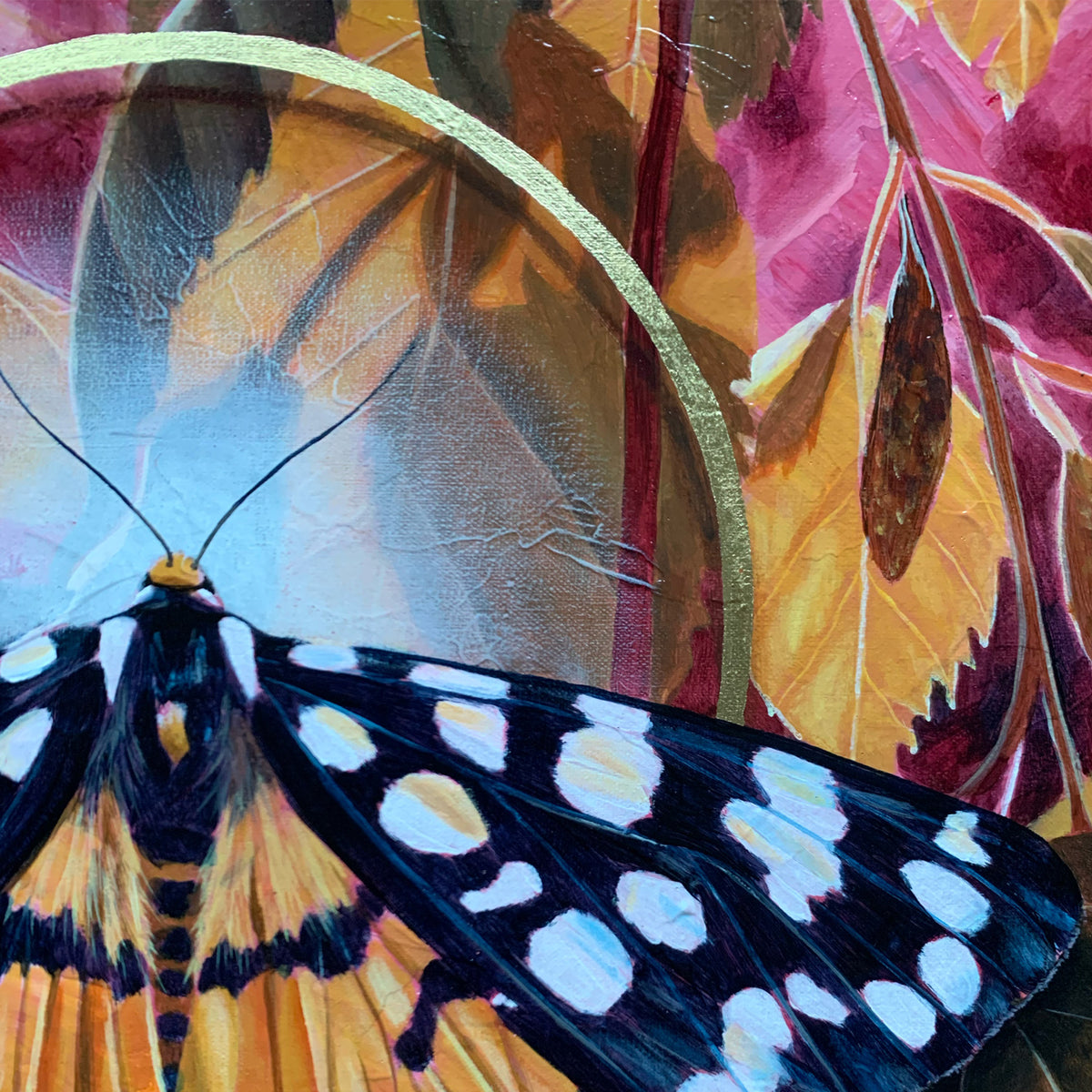 &#39;Emanation&#39; Ranchman&#39;s tiger moth painting with birch leaves gold leaf detail