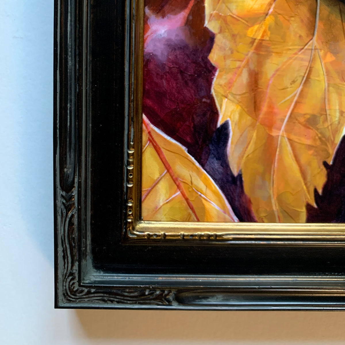 &#39;Emanation&#39; Ranchman&#39;s tiger moth painting with birch leaves black carved frame detail