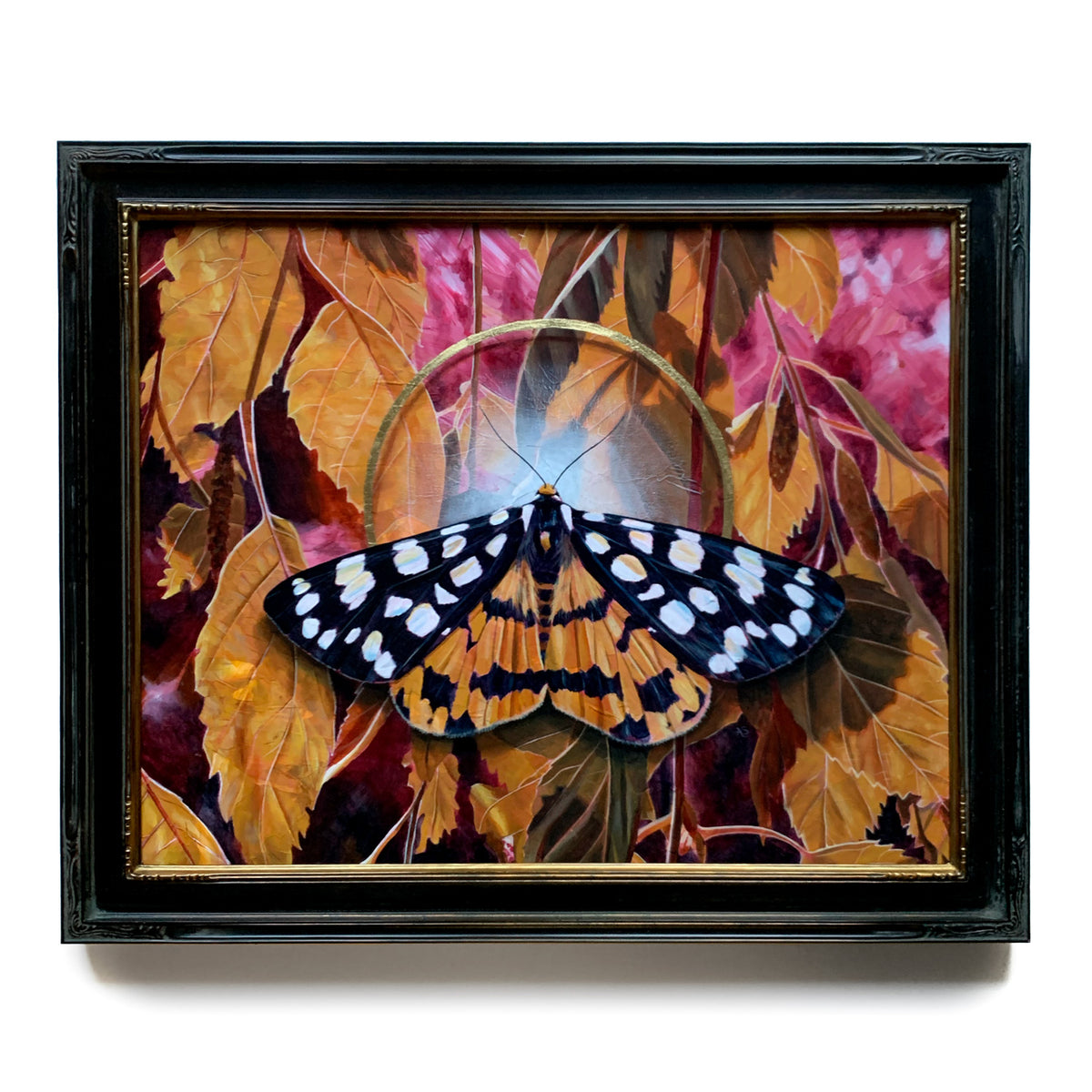 &#39;Emanation&#39; Ranchman&#39;s tiger moth painting with birch leaves