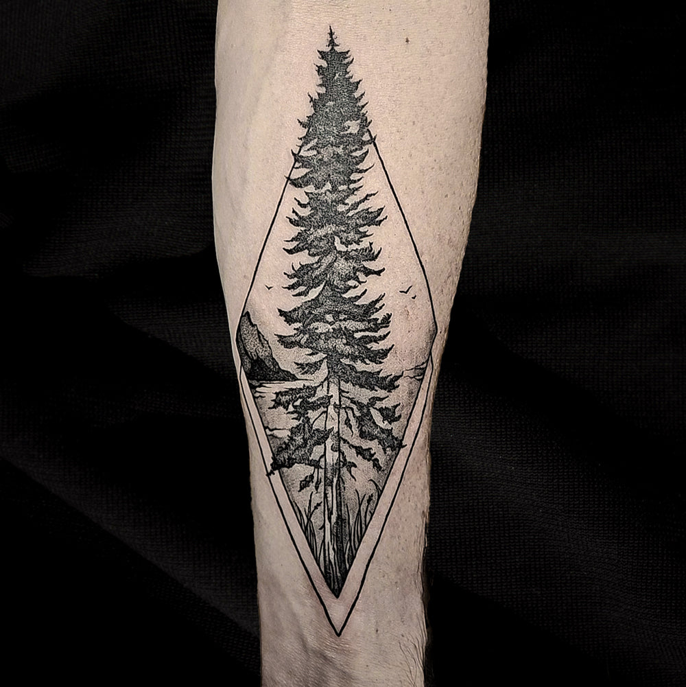 evergreen tree tattoo by Mary Kuzmin