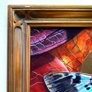 exhale blue tiger moth painting in gold frame detail