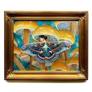 fairy mushroom painting in carved gold frame