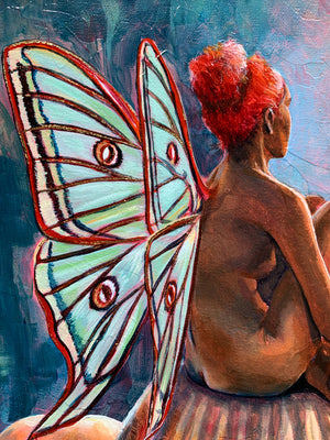 fairy painting with green wings and red hair detail