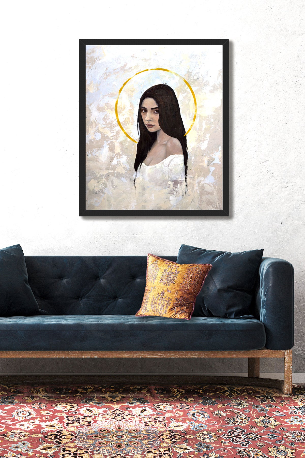 &#39;Fascination&#39; Portrait art print of woman with halo framed on wall