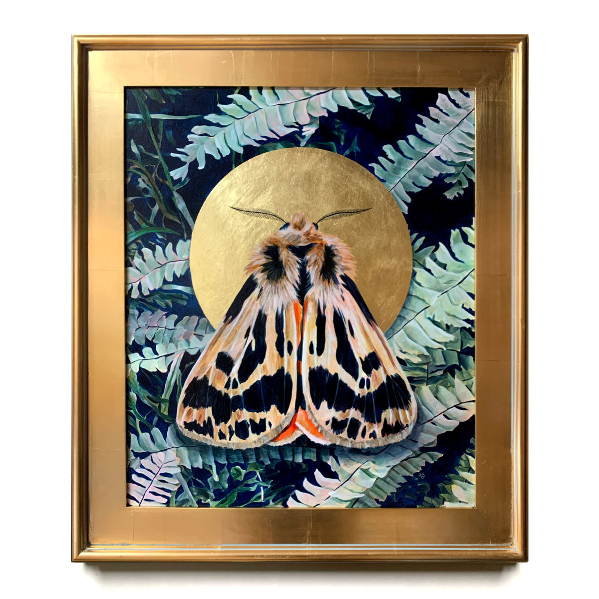 fern crimson tiger moth painting in gold frame