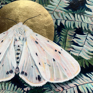 white muslin moth and fern painting gold leaf halo detail