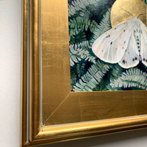 white muslin moth and fern painting in wide gold leaf frame detail