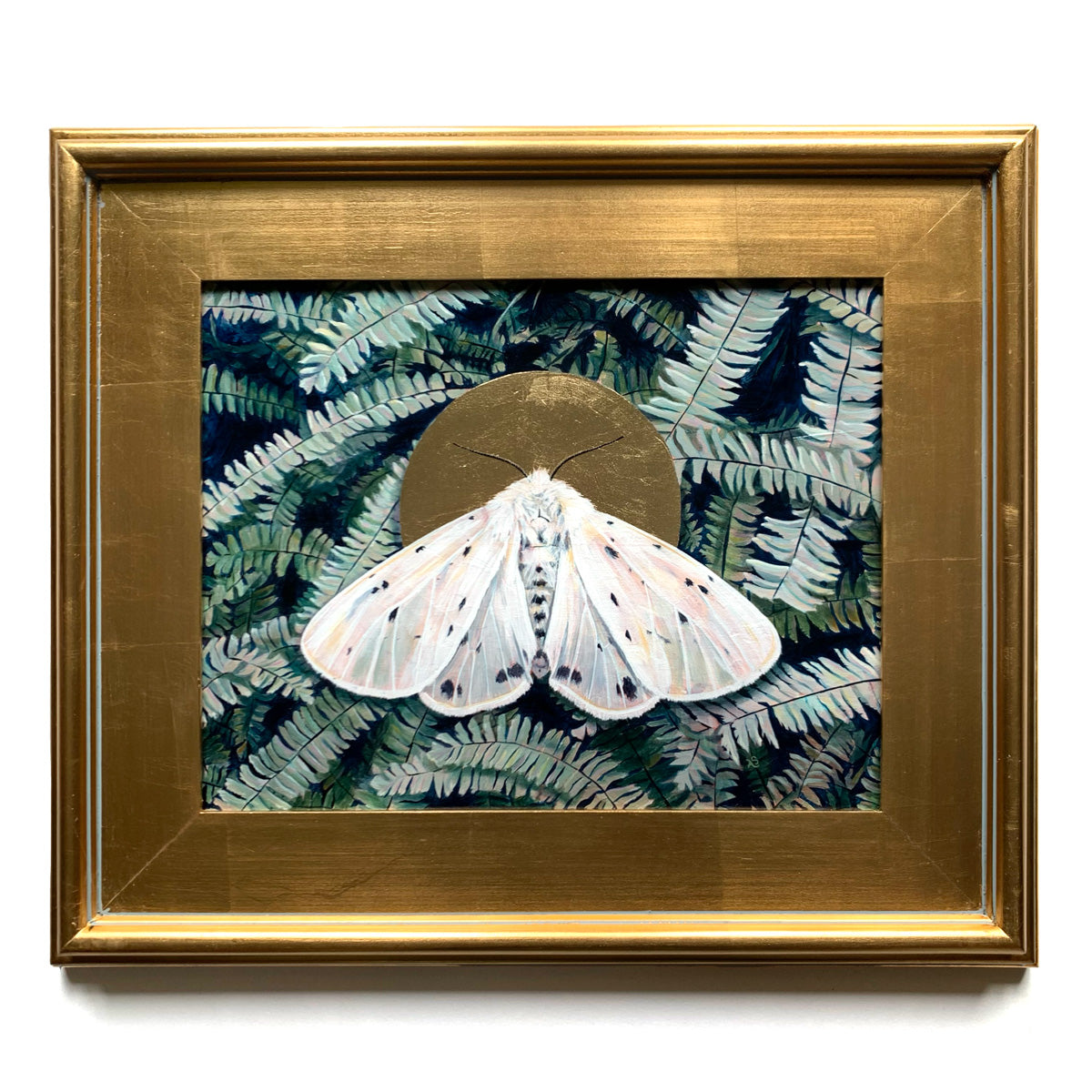 white muslin moth and fern painting in gold frame