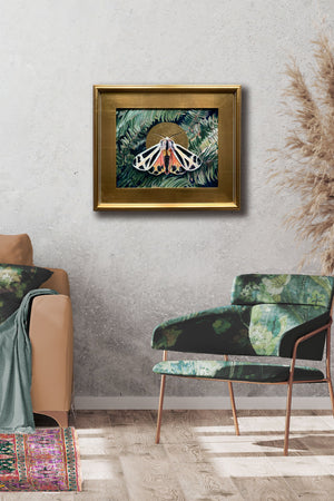 fern nais tiger moth painting in gold frame on wall