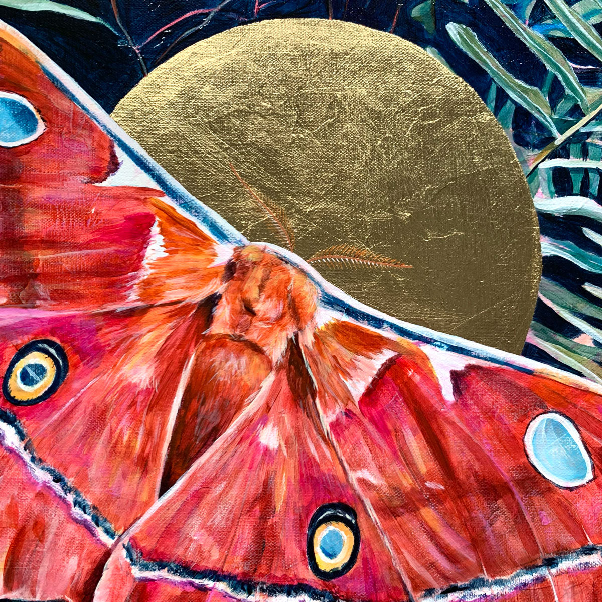 red silkmoth fern painting gold leaf detail