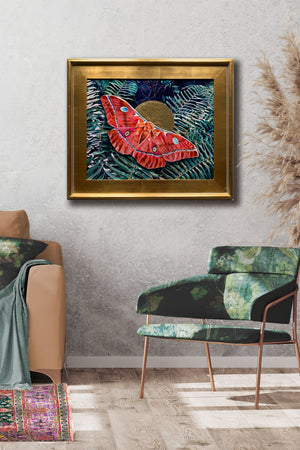 red silkmoth fern painting in gold frame hanging on wall