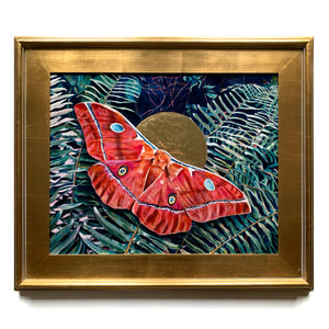 red silkmoth fern painting in gold frame