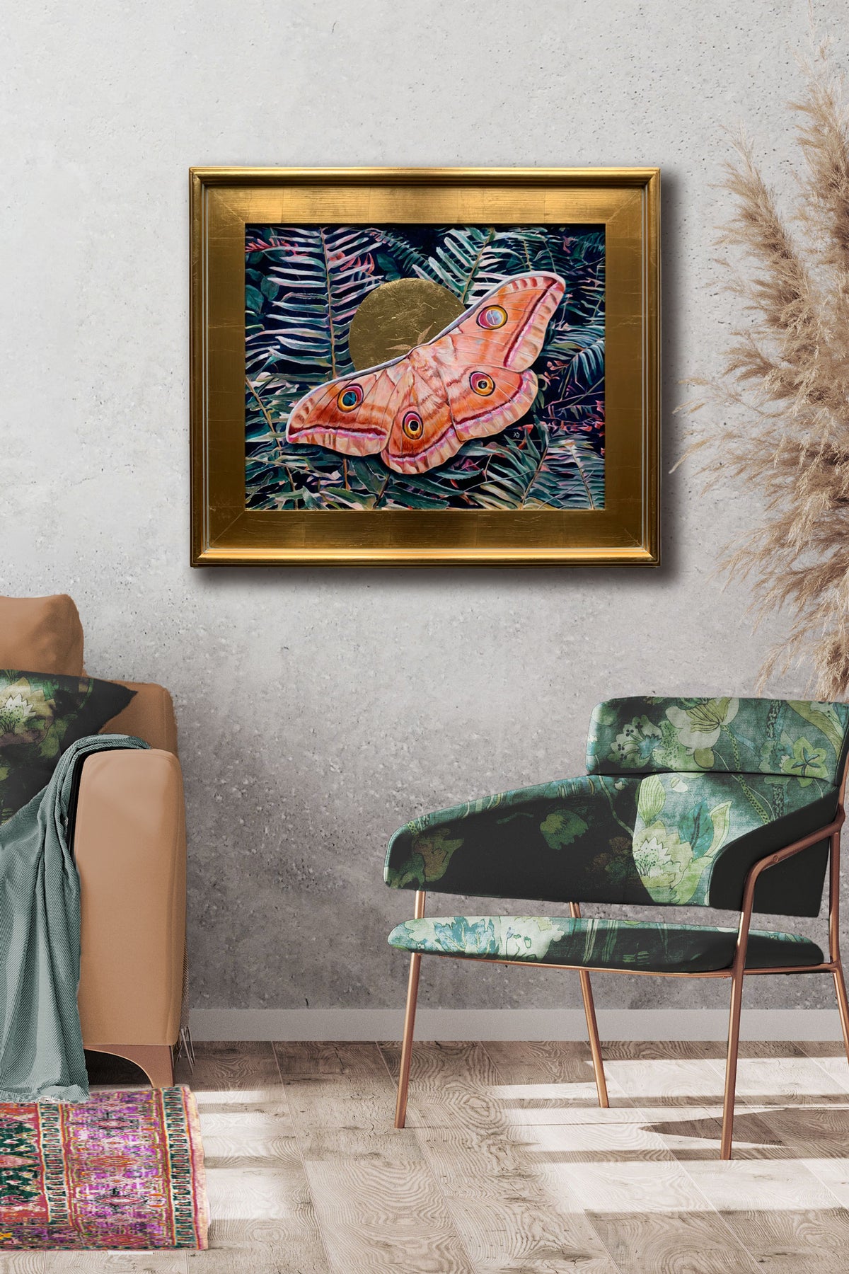 fern tussah silkmoth fern painting in gold frame hanging on wall