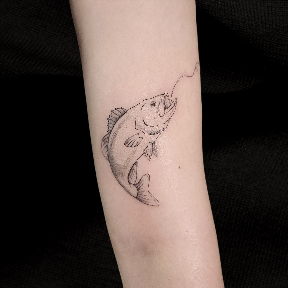 fine line fishing tattoo by Lydia Pitts