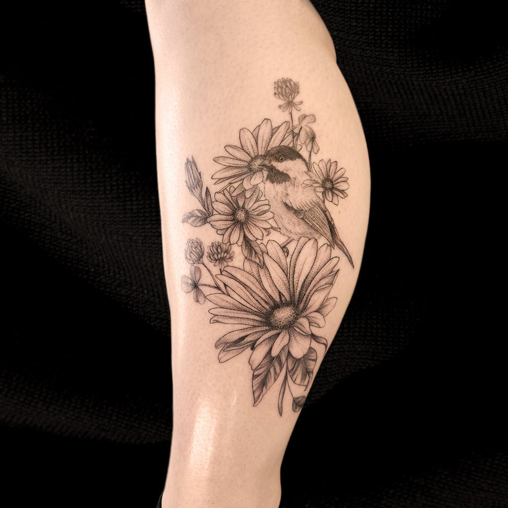 Fine Line floral chickadee tattoo by Lydia Pitts