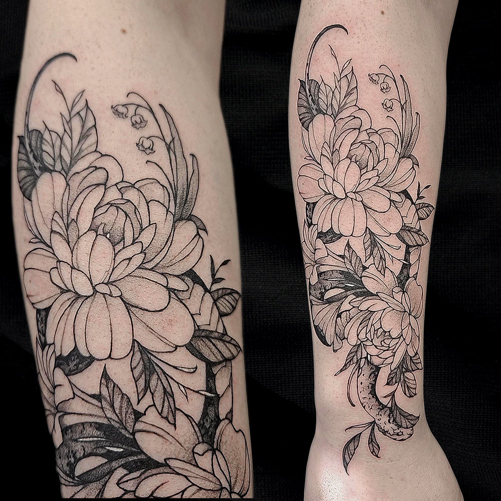 floral snake tattoo by Mary Kuzmin