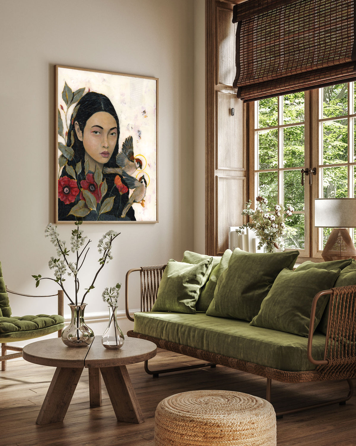 "Focus" Female Portrait Painting Art Print | woman, birds, flowers art ...