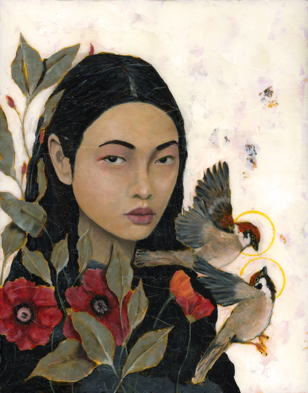 woman birds flowers art print