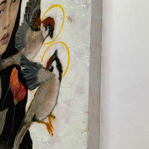 focus woman with birds painting edge detail