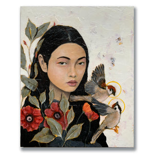 focus woman with birds painting