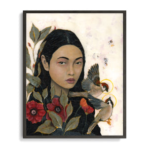 woman, birds, flowers art print