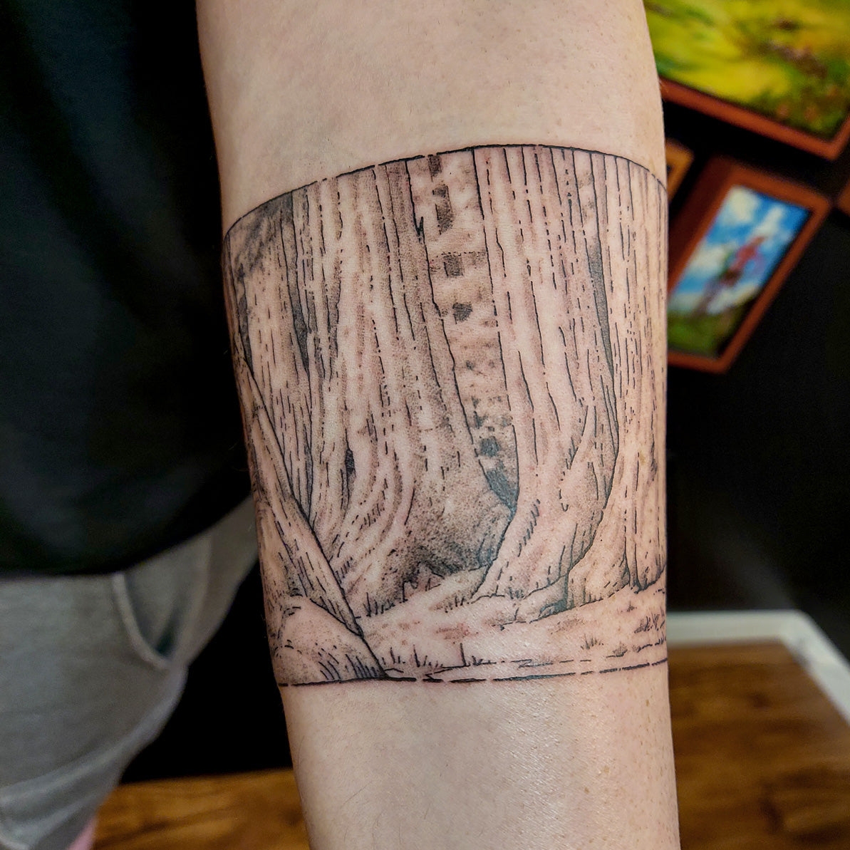 forest tattoo on forearm by Vincent Li