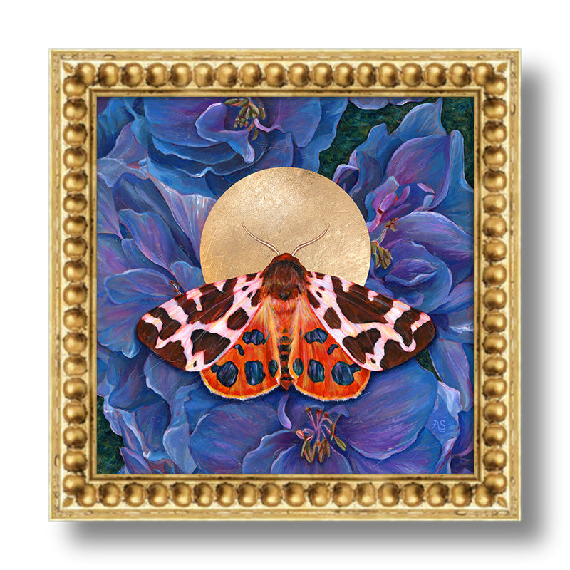 garden tiger moth art print blue delphinium flowers in gold frame 10 inch