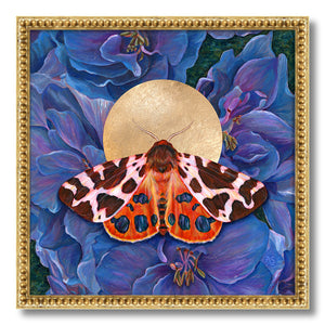 garden tiger moth art print blue delphinium flowers in gold frame 24 inch
