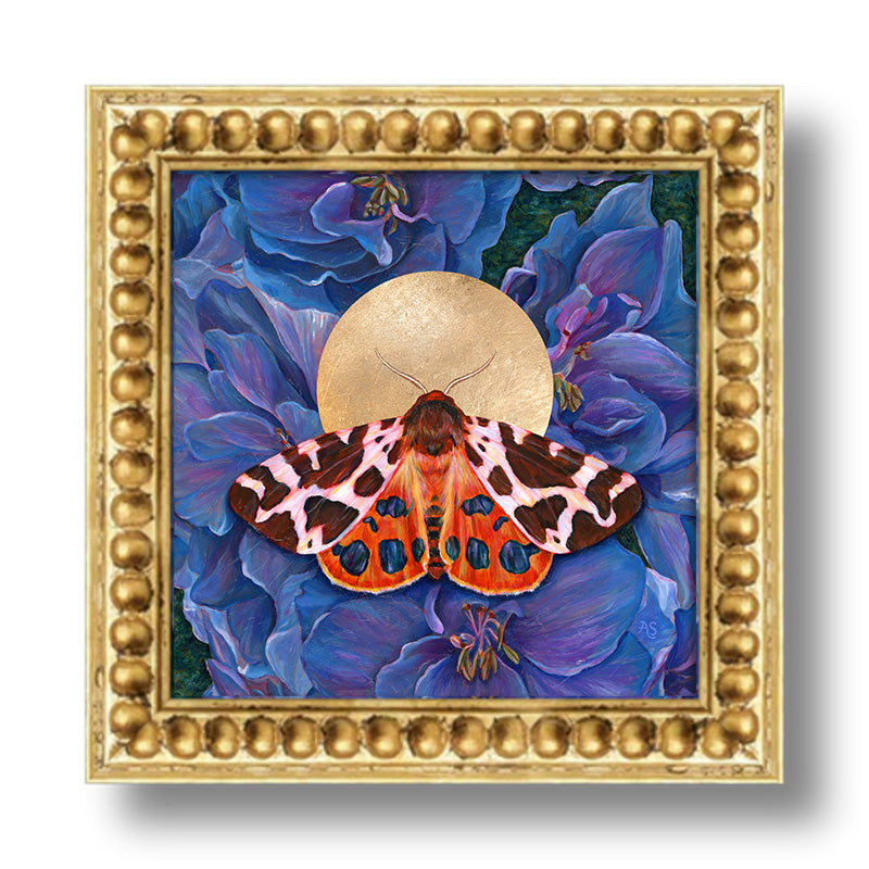 garden tiger moth art print blue delphinium flowers in gold frame 8 inch