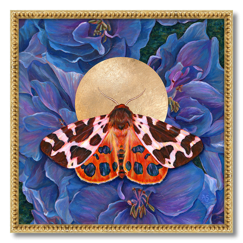 garden tiger moth art print blue delphinium flowers in gold frame 30 inch