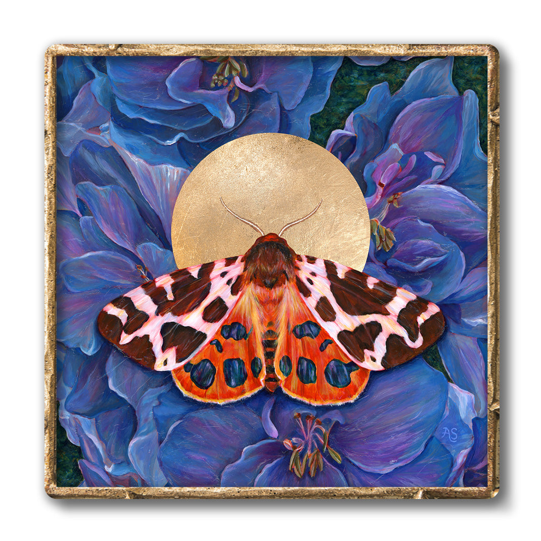 garden tiger moth art print blue delphinium flowers in gold frame 