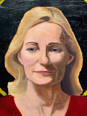 woman in red portrait painting with blonde hair