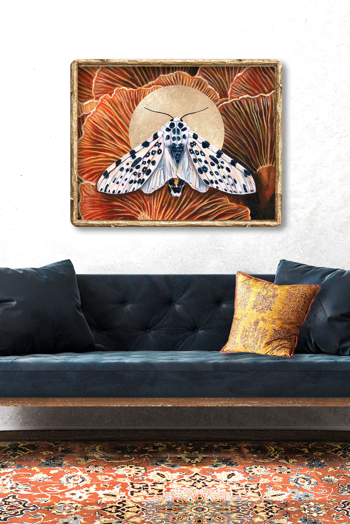 &#39;Connection&#39; giant leopard moth mushroom art print on wall