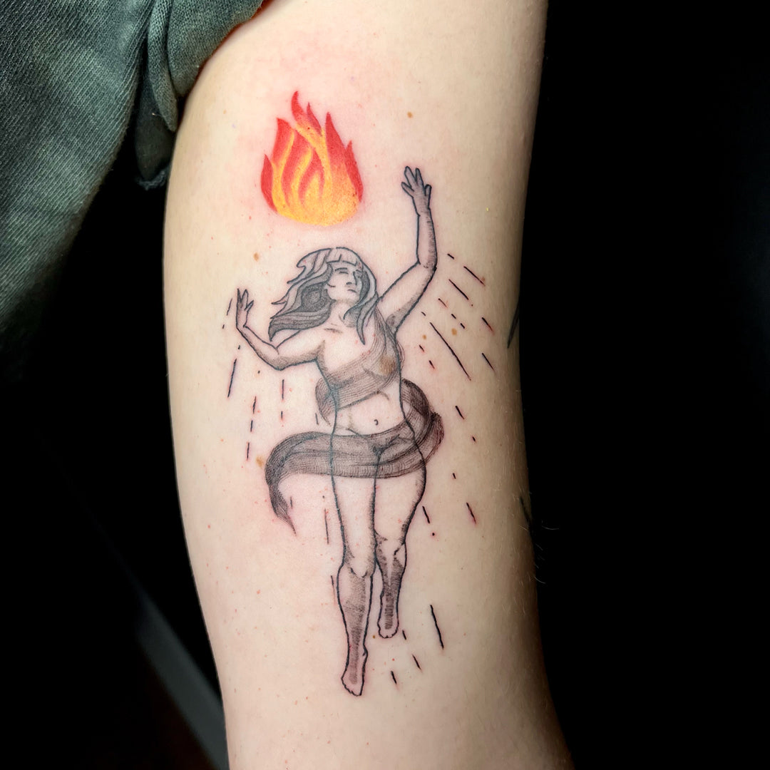 goddess fineline tattoo with color fire by Juniper Jack
