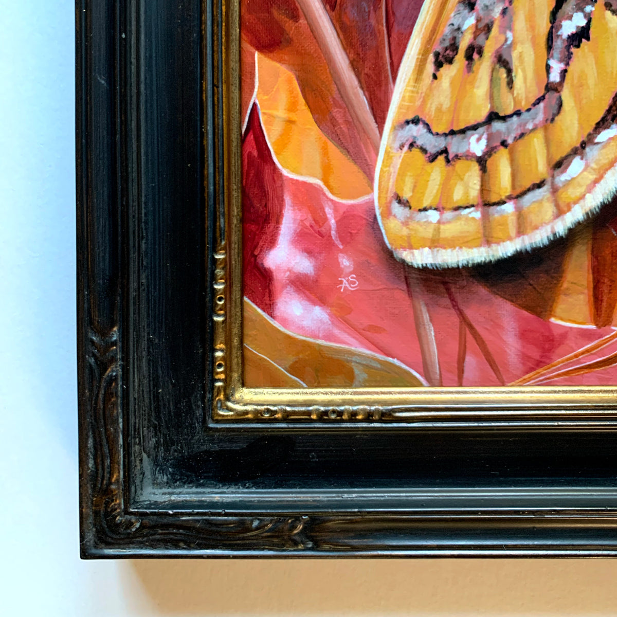 &#39;Gossamer&#39; glittering magdalena moth painting with gold leaf black frame detail
